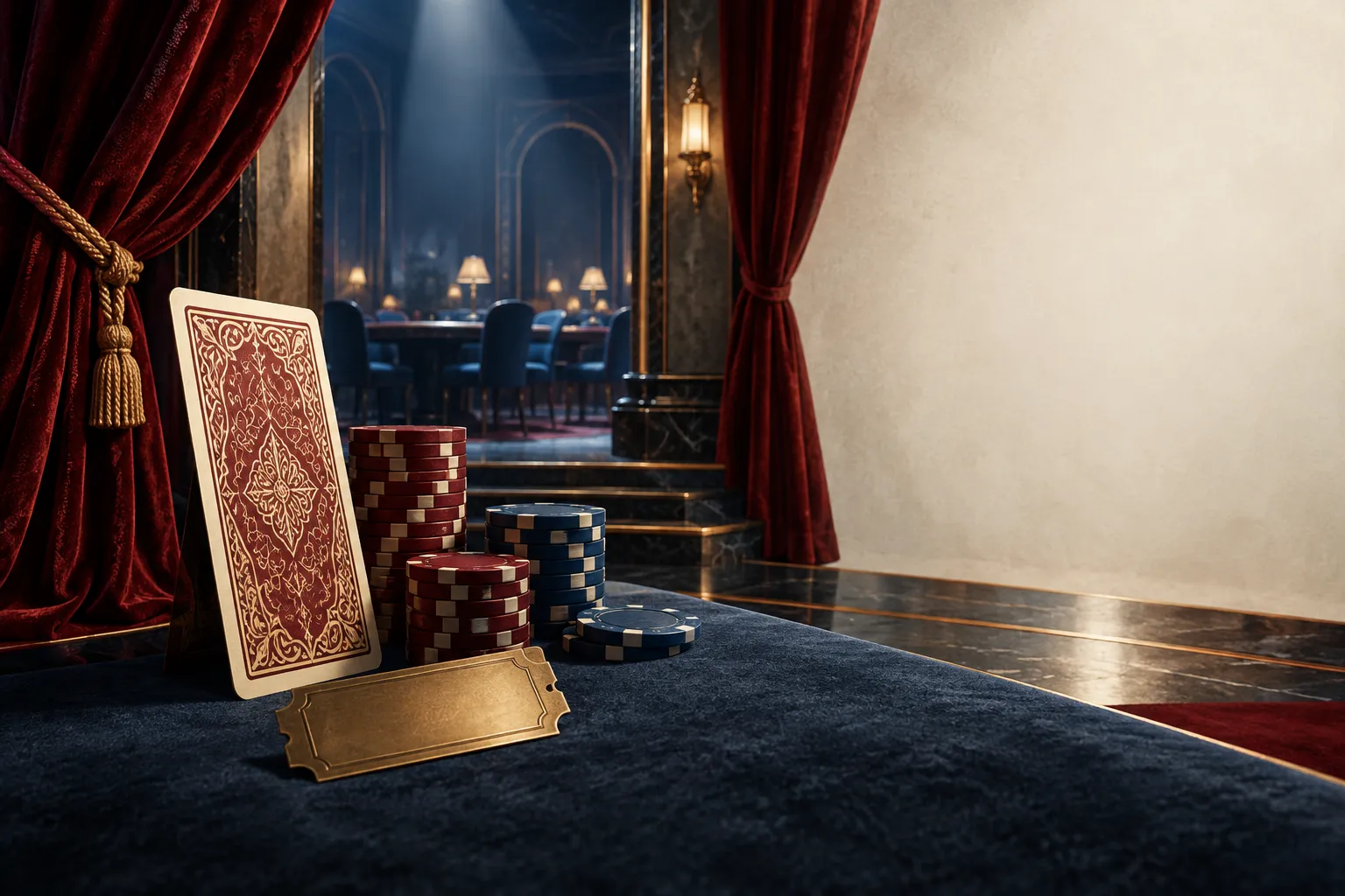 Velvet casino theatre with a playing card, chips and brass ticket in Canada